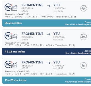 Fromentine / Ile Dyeu crossings for 1 adult and 2 children round trip on May 23 and 25, 2026