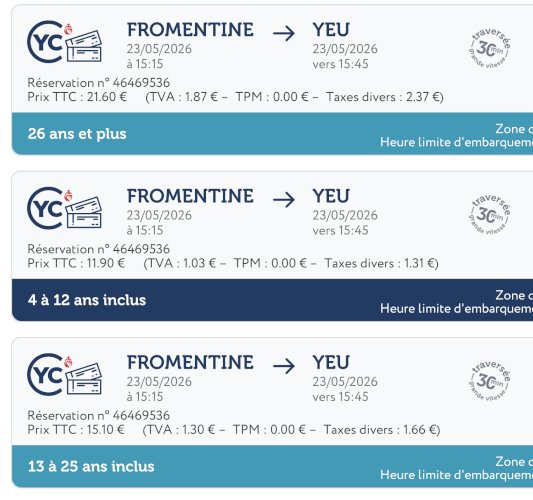 TRAVERSEES FROMENTINE / ILE DYEU pour 1 Adulte et 2 enfants A/R le 23 ET 25 MAI 2026